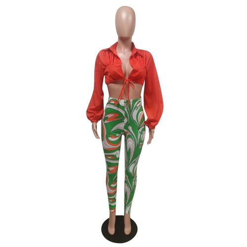 Lantern sleeve lace up pants set, high waisted pants set