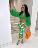 Lantern sleeve lace up pants set, high waisted pants set