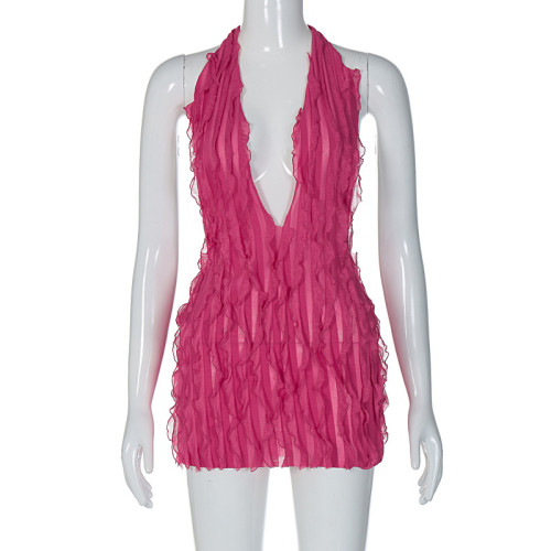 Water ripple sexy hanging neck backless dress