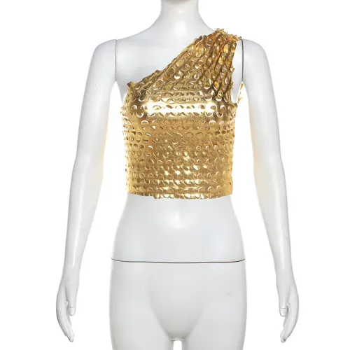 Sequin Reflective One Shoulder Off Back Slim Fit Top