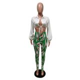 Lantern sleeve lace up pants set, high waisted pants set