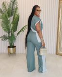 Color blocking loose short sleeved straight leg pants two-piece set