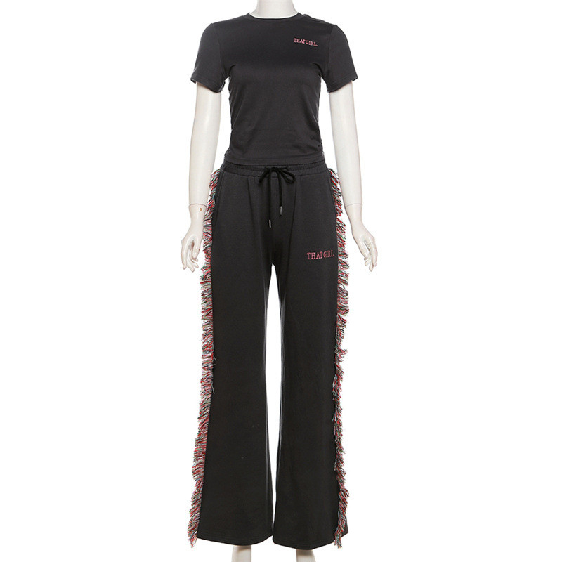 Women's round neck embroidered short sleeved T-shirt high waisted colorful tassel casual pants