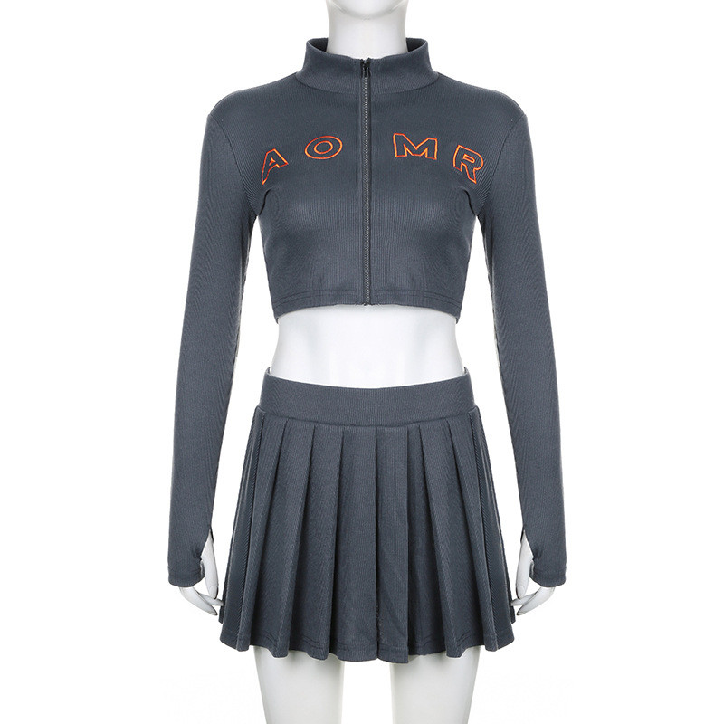 Embroidered letter half high neck short zippered cardigan+high waist pleated skirt