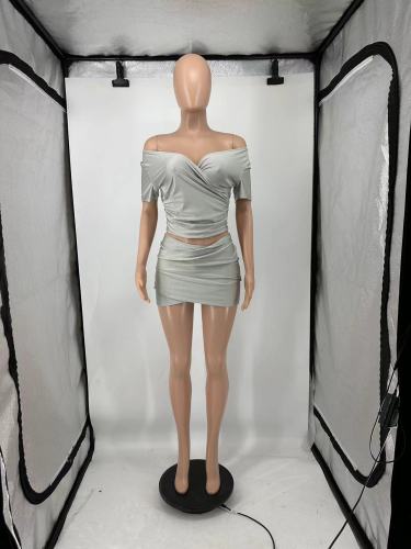 Cross V-neck short sleeved short skirt with pleated slim fit elastic set