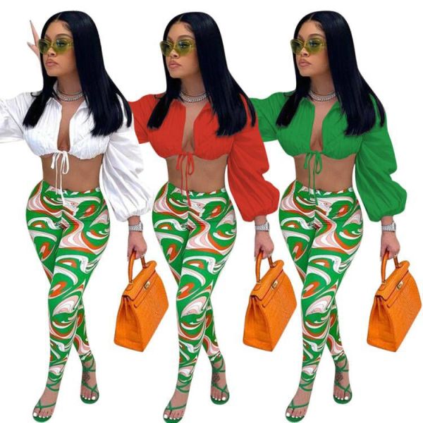 Lantern sleeve lace up pants set, high waisted pants set