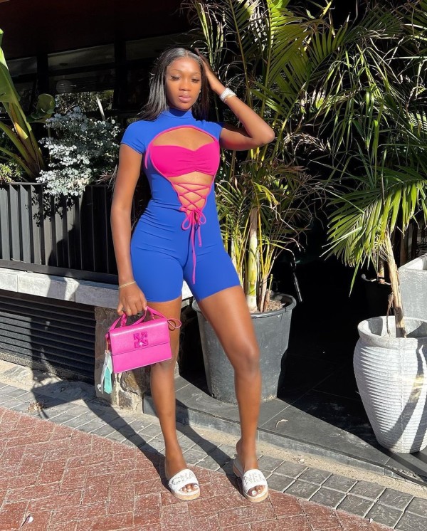 Colorful contrasting jumpsuit with patchwork straps