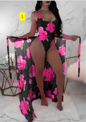 Three piece mesh hoodie with contrasting printed bikini