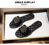 Metal buckle flat bottomed low heeled slippers