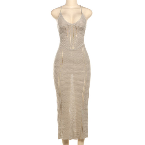 Open back hollowed out lace up knitted camisole wrapped hip dress