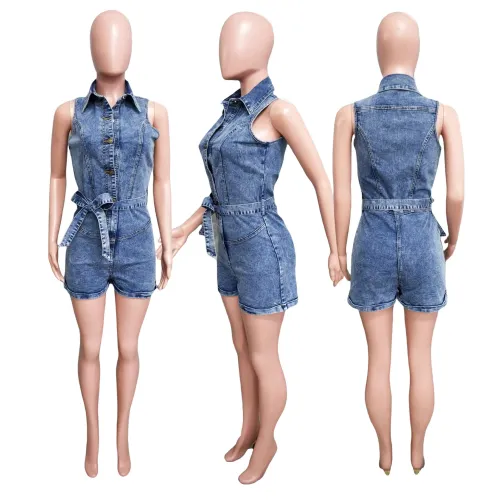 Sleeveless tight waist slim fit elastic washed denim jumpsuit