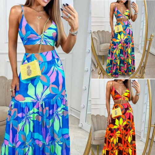 Printed V-neck strap large swing long skirt set