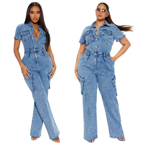 Tight waisted slim fit elastic denim jumpsuit flared pants