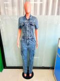 Tight waisted slim fit elastic denim jumpsuit flared pants
