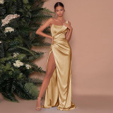 Knitted single shoulder fishbone waist slit dress