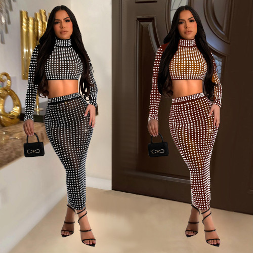 Women's solid color hot diamond mesh two-piece dress