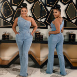 Diagonal shoulder tight waist slim fit elastic washed denim jumpsuit
