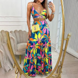 Printed V-neck strap large swing long skirt set