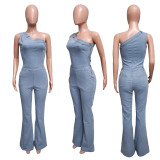 Diagonal shoulder tight waist slim fit elastic washed denim jumpsuit