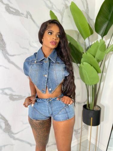 Open navel sleeveless irregular top elastic denim set