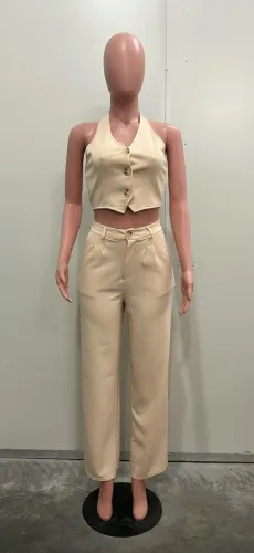 Solid color V-neck hanging neck suit vest pants set