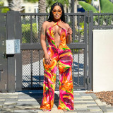 Printed Open Navel Hanging Neck Open Back jumpsuit