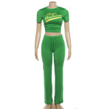 Printed navel exposed short sleeved high waisted long pants casual set