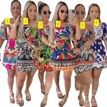 Printed waist cinched backless lantern sleeves with a shoulder length and two piece dress