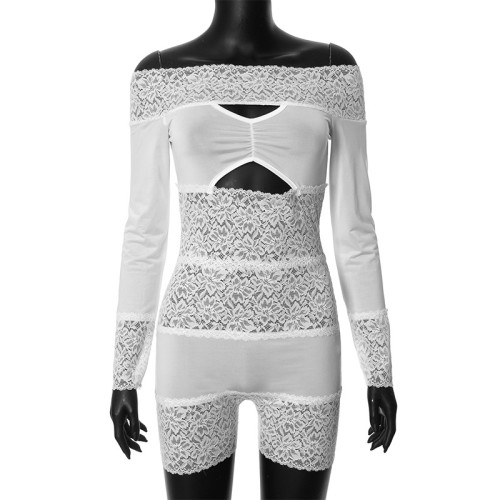 Lace patchwork hollowed out long sleeved off shoulder jumpsuit shorts