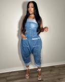 Denim workwear with multiple pockets patchwork, washed loose sleeveless jumpsuit