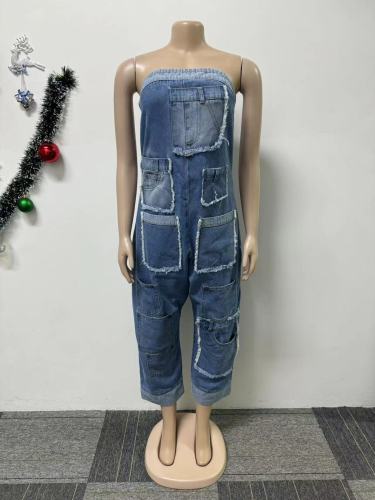 Denim workwear with multiple pockets patchwork, washed loose sleeveless jumpsuit
