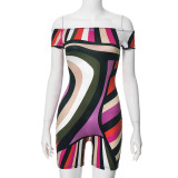 Colorful printed short sleeved off shoulder slim fit jumpsuit shorts