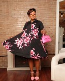 Printed large hem V-neck zippered short sleeved dress