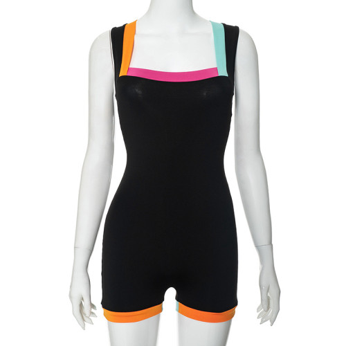 Contrast patchwork square neck sleeveless sports jumpsuit shorts