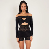Lace patchwork hollowed out long sleeved off shoulder jumpsuit shorts