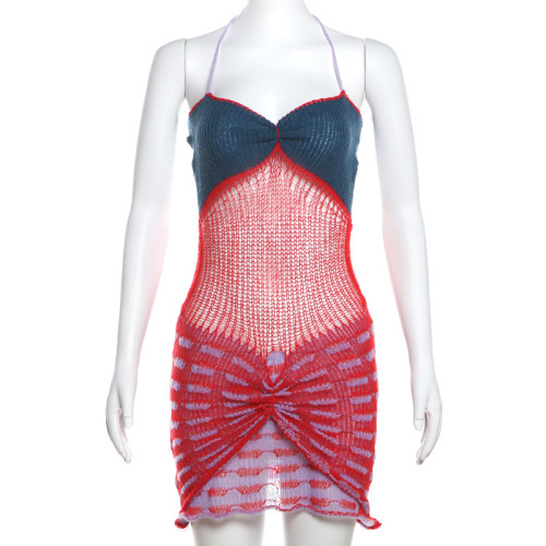 Color blocking buttocks hollow sexy backless knitted neck hanging dress