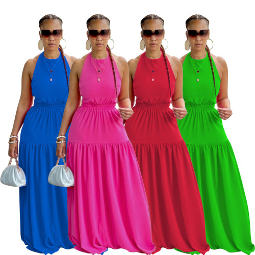Women's dress with suspender and sleeveless sexy leaky back long skirt