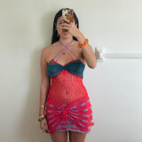 Color blocking buttocks hollow sexy backless knitted neck hanging dress