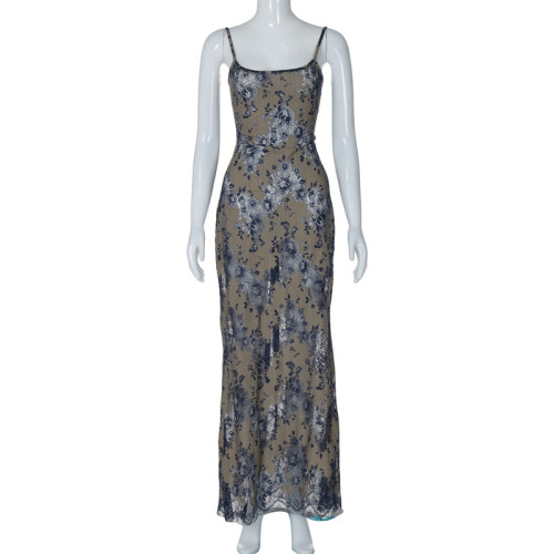 Dyed printed patchwork hollowed out back strap long dress