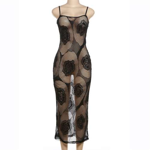 Low cut perspective hollowed out jacquard suspender long dress