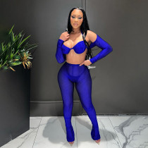 Long sleeved exposed navel sexy knitted pants set