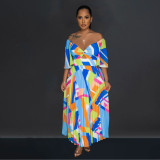 Women's printed backless pleated long dress