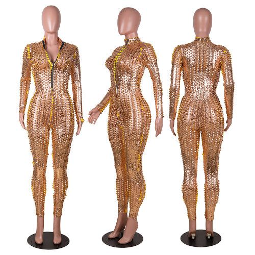 Women's zippered small high necked jumpsuit A6628