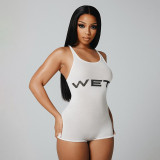 Micro transparent letter printed tight fitting jumpsuit shorts