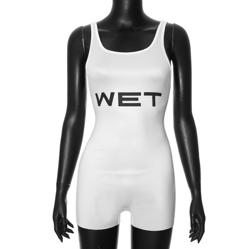 Micro transparent letter printed tight fitting jumpsuit shorts