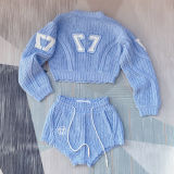 Loose knit top+high waisted shorts set