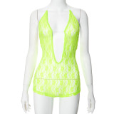 Lace hollow perspective hanging neck large backless jumpsuit shorts