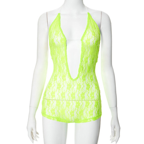 Lace hollow perspective hanging neck large backless jumpsuit shorts