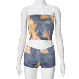 Colored printed sleeveless bra top and elastic shorts set