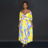 Women's printed backless pleated long dress